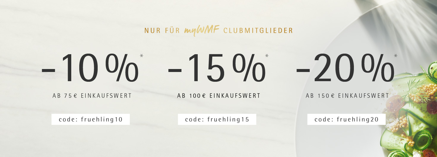 Heller Tischhintergrund mit Aktivierung: 10% ab 75€, 15% ab 100€, 20% ab 150€